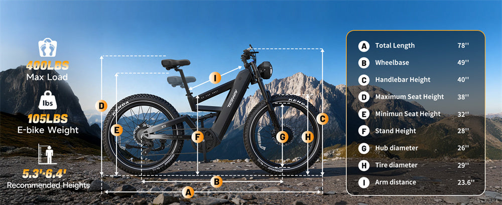 Electric Bike 48V 30AH Battery 2400W(Peak 4000W) Motor Recommended Top Speed 25KM/H 26 Inch Tire Electric Bicycle 190 KM Mileage Range Max Load 180KG