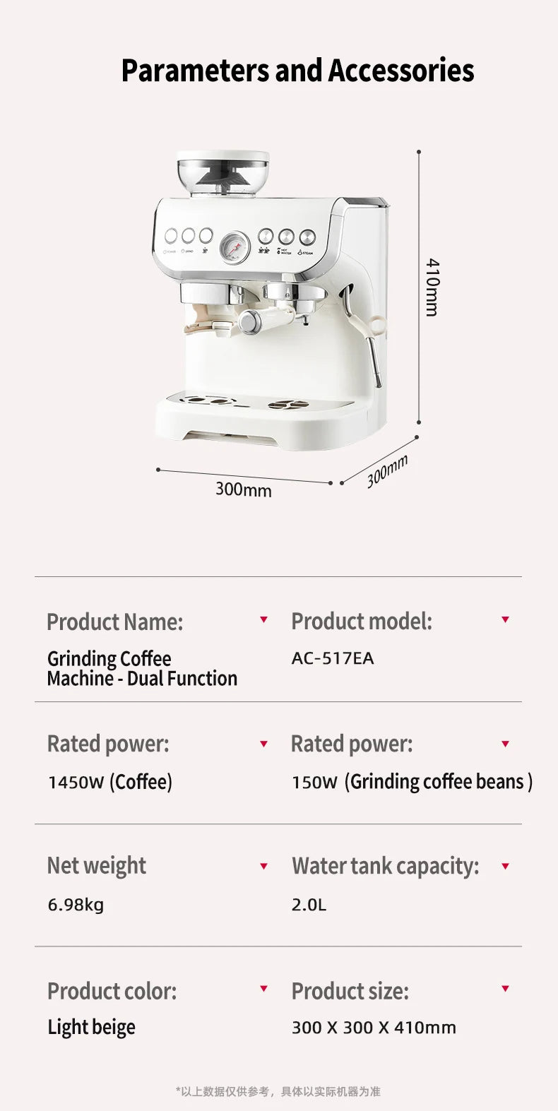 1450W 20 Bar Espresso Machine with Built-in Grinder Visual Pressure Gauge 2L Water Tank Steam Wand Pre-Infusion Cappuccino Latte Machine