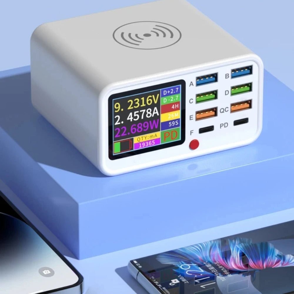 65W Dual C Ports Fast Charger with Wireless Charging, Intelligent Charging, Display Screen & Multiple Ports for Devices