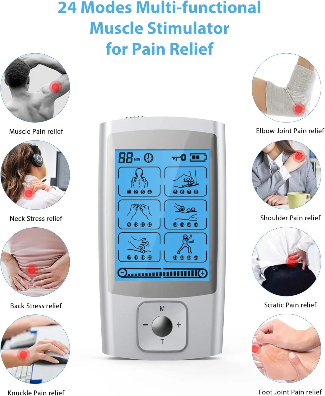 TENS & EMS Pain Relief Machine with Electrode Pads, USB Cable, and Accessories for Muscle Recovery and Conditioning