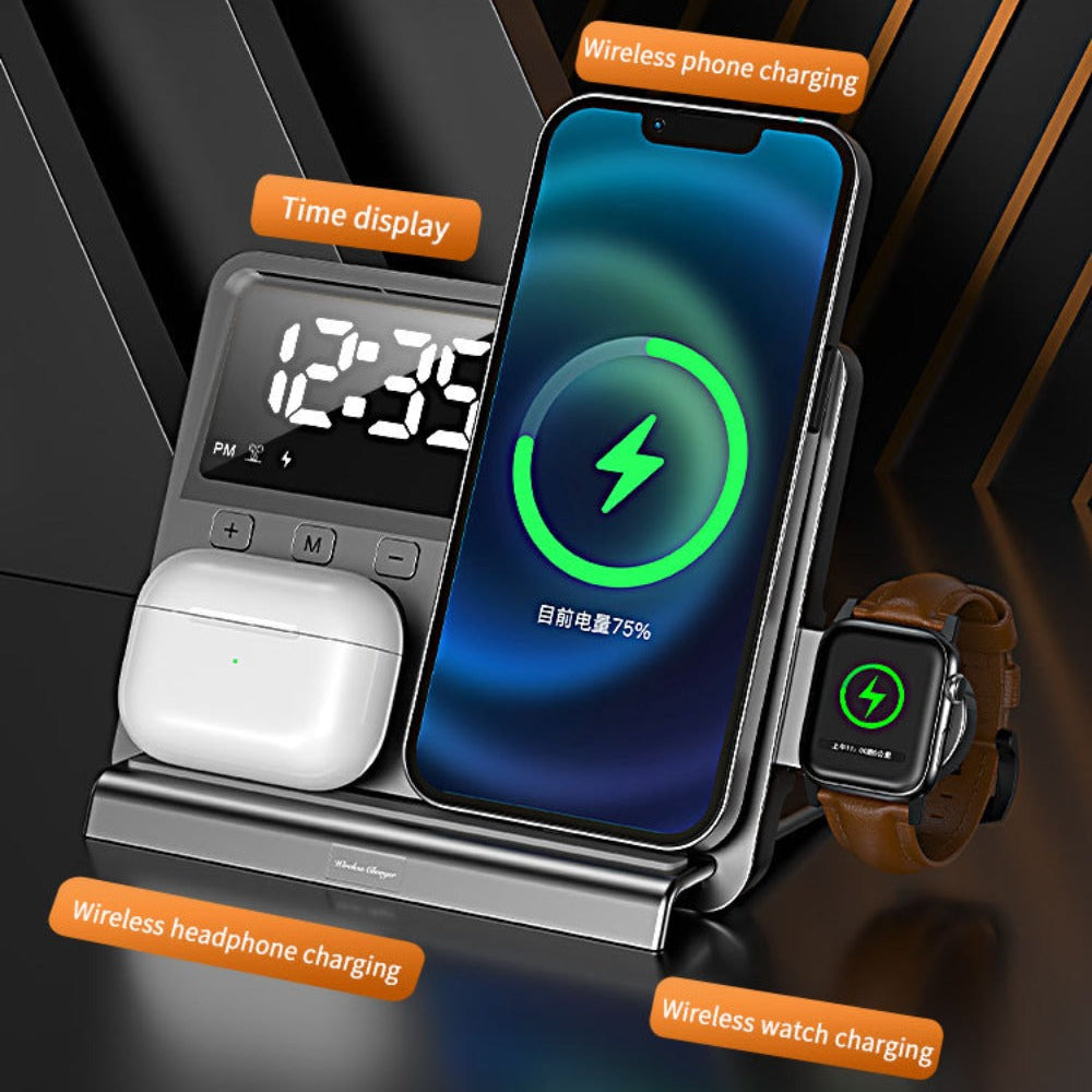 Multifunctional 4-in-1 Wireless Charger Station for Phones, Apple Watch & Earbuds - Fast Charging, Black, ABS Plastic