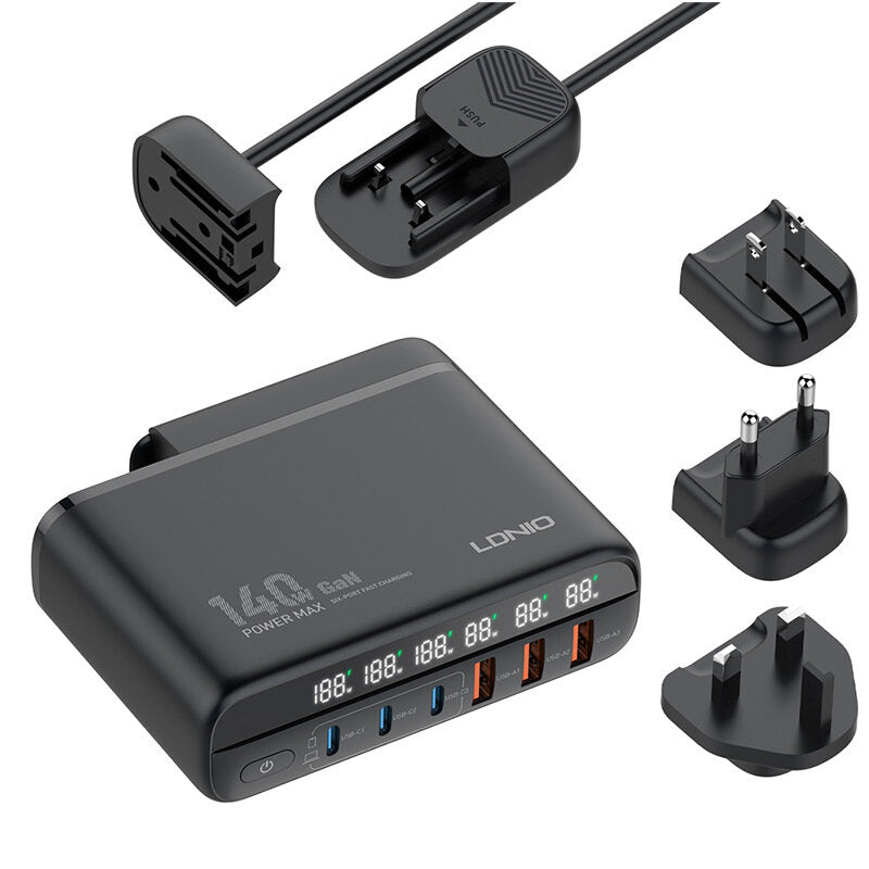 140W 6-Port USB PD Charger - 3 USB-C & 3 USB-A Ports, Fast Charging, Compact Design, Black, Travel Friendly