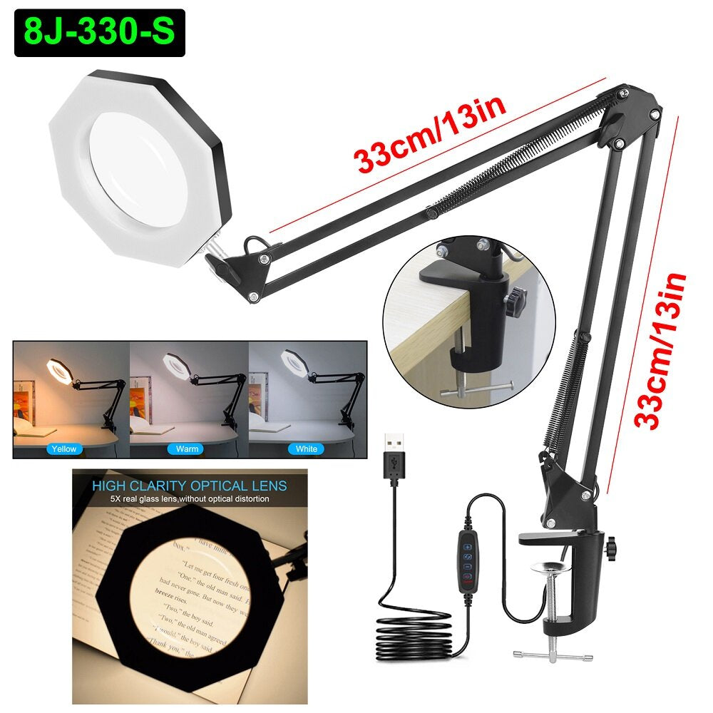 USB 5X Folding Magnifier Table Clamp Soldering Third Hand Tool 3 Colors LED Illuminated Lamp Magnifying Glass