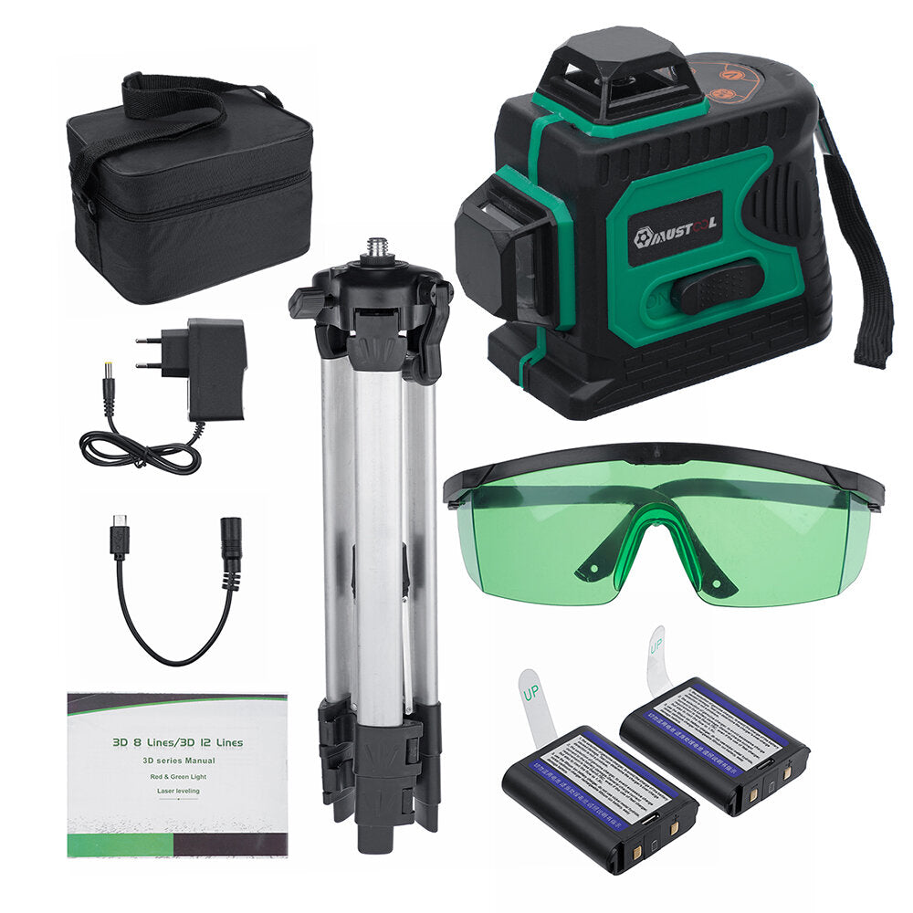 3D Green Auto Laser Level 12 Lines 360 Horizontal & Vertical Cross Build Tool Measuring Tools with 2 Batteries