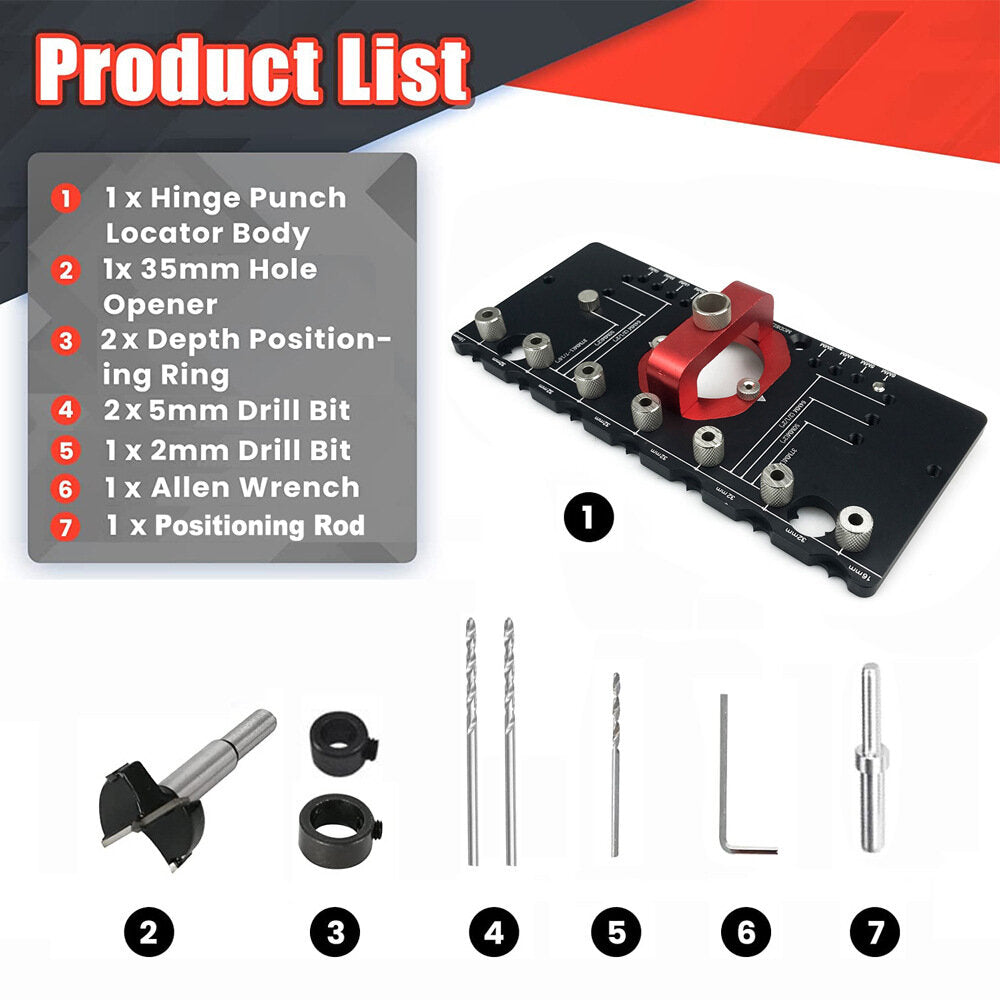 Adjustable Hinge Punch Locator Kit with 35mm Hole Opener, Drill Bits & Positioning Tools for Precise Installations