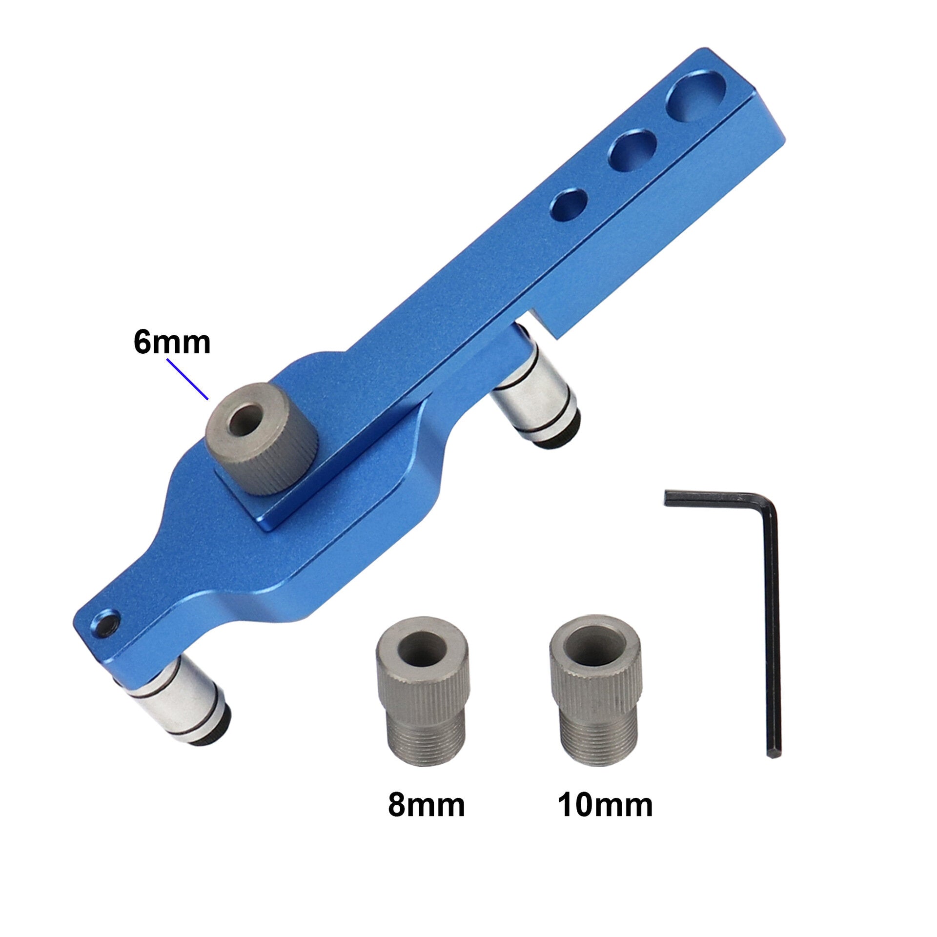 Aluminum Alloy Drill Guide Jig Set for Dowel Drilling with 6mm, 8mm, 10mm Bushings - Corrosion Resistant, Blue