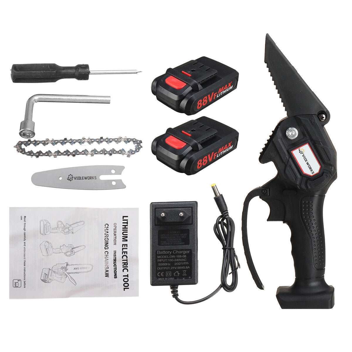 4 Inch 88VF Cordless Electric Chain Saw 1500W One-Hand Saw LED Woodworking Wood Cutter