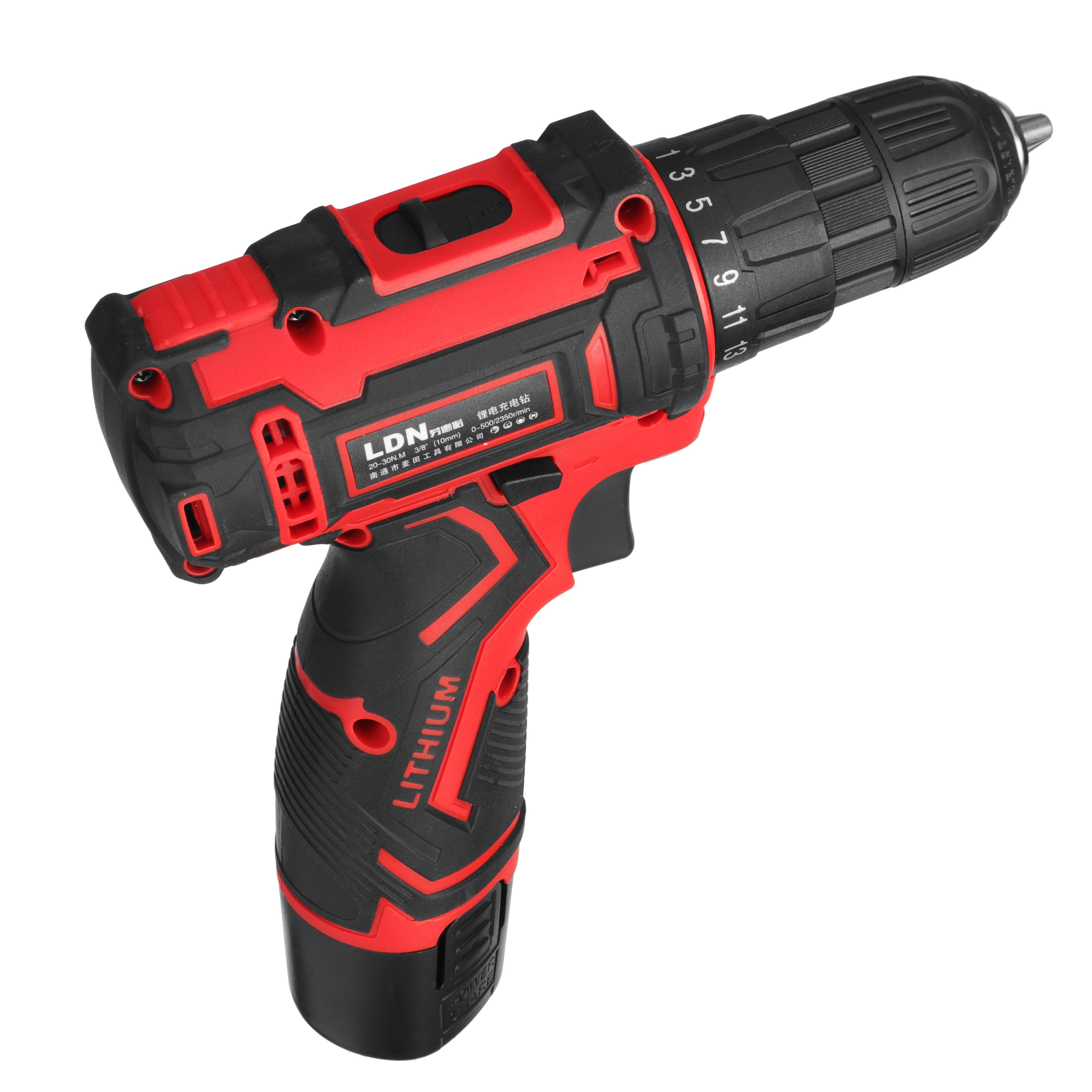 12V Cordless Electric Drill Power Drill Driver 2-Speeds with LED Lighting 1/2Pcs Battery