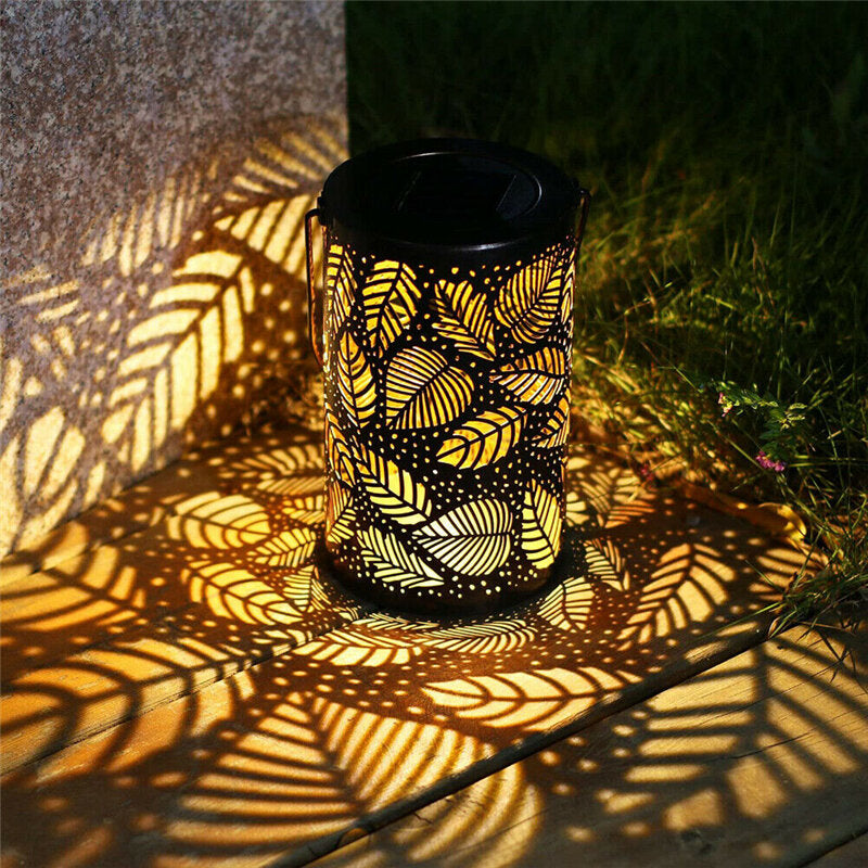 Hanging LED Solar Light Wrought Iron Hollow Leaf Lantern Garden Lawn Yard Table Decorative Outdoor Lamp