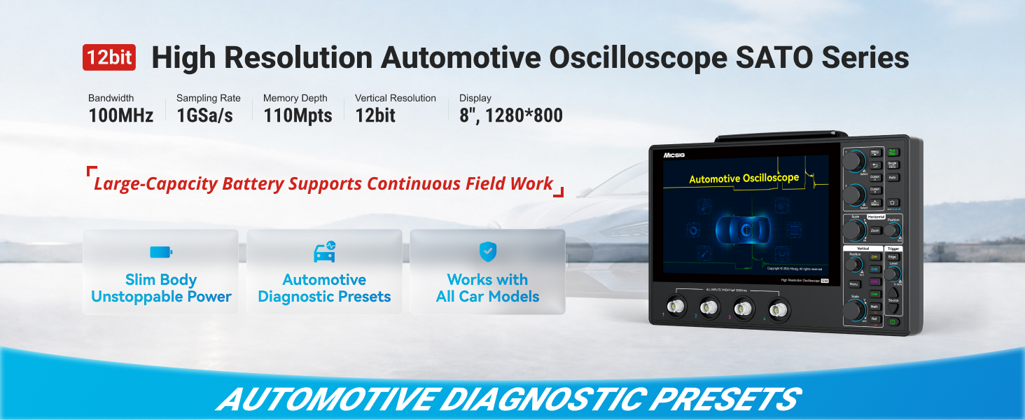 Automotive Digital Oscilloscope, 100MHz, 4 Channels, 1GSa/s, 12-Bit Resolution, 110Mpts Memory & 8-Inch Touchscreen