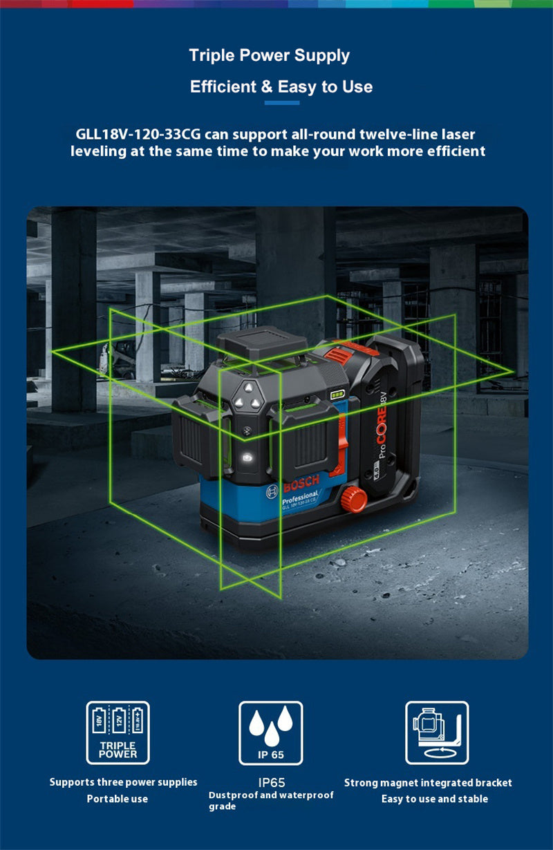 18V-120-33 CG Laser Level 12 Lines 35m Range Extendable to 120m High Precision ± 0.3 mm/m Rapid Self-Leveling IP 65