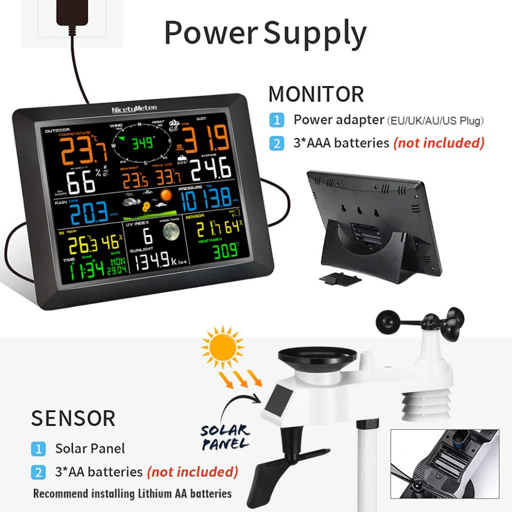 7-in-1 WiFi Weather Station with Outdoor Sensor - Temp/Humidity/Pressure/Wind/Rain/Moon Forecast, Wireless Indoor Clock