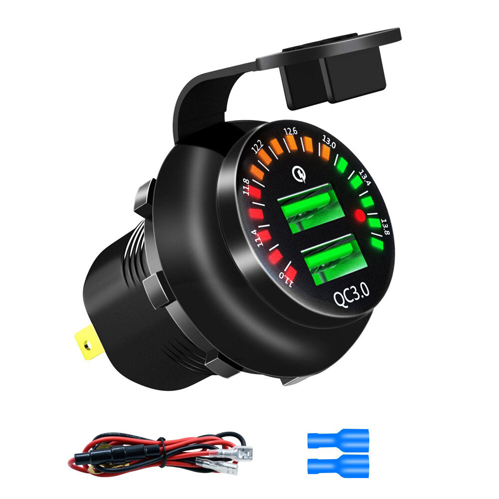 Dual USB Charger Quick Charge Socket Adapter Power Outlet With Voltmeter Display For Car Motorcycle Boat