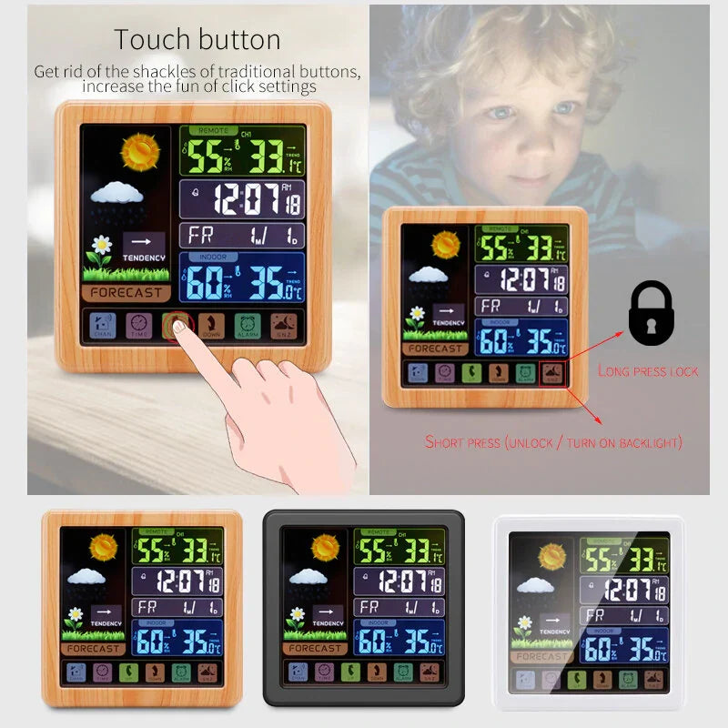 Wireless Touch Screen Weather Station Clock – Indoor/Outdoor Temp/Humidity, Atomic Time, Forecast, USB Charger, Snooze
