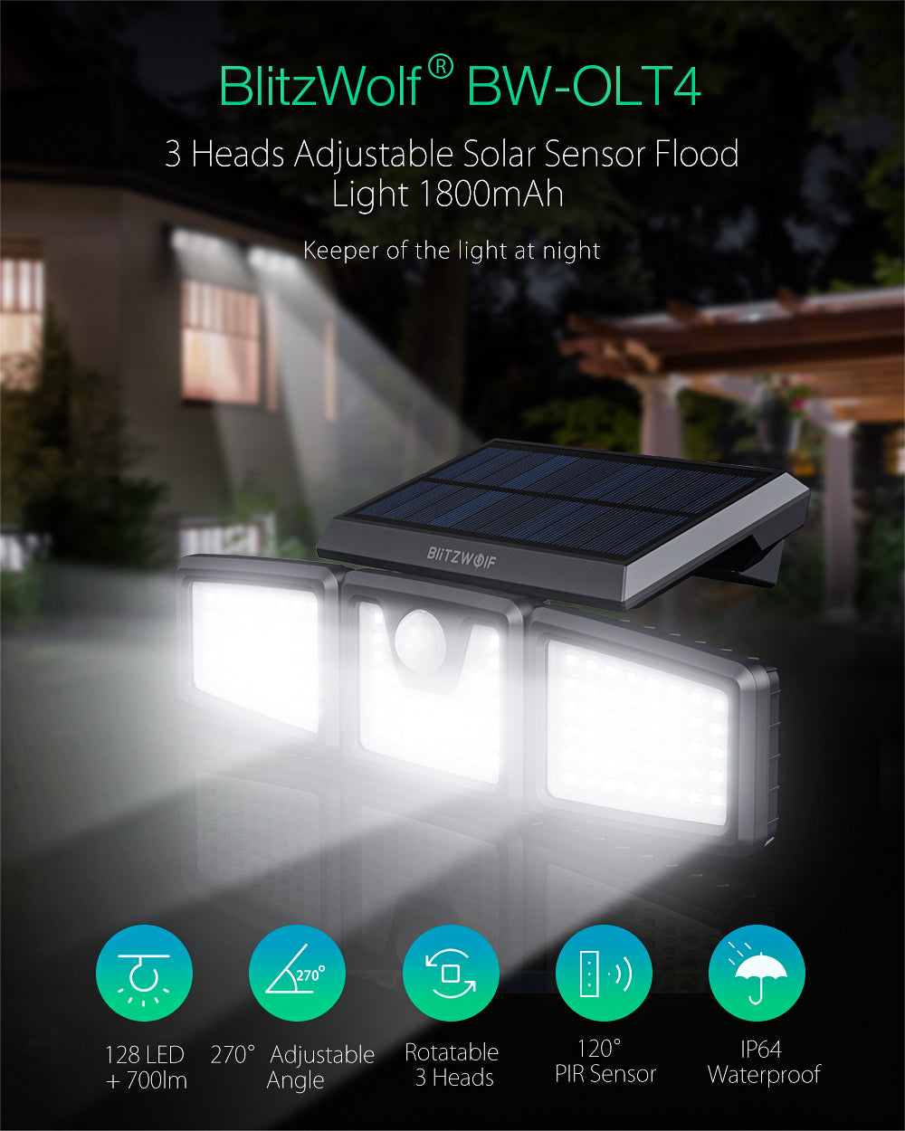 Rotatable 3 Heads Adjustable Waterproof 120PIR Sensor Solar Flood Light 6500K White Light