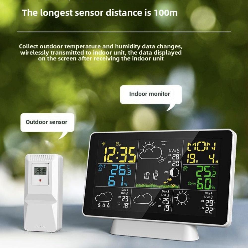 Wifi Wireless Weather Station Alarm Clock With 7.5 Inch Display / Atomic Clock / Weather Forecast / Outdoor Thermometer / Air Pressure / Moon Phase