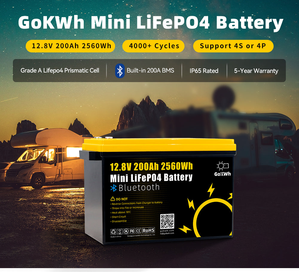 12V 200Ah Mini Bluetooth LiFePO4 Battery Built-in Bluetooth BMS 2560Wh LiFePO4(LFP) IP65 Protection