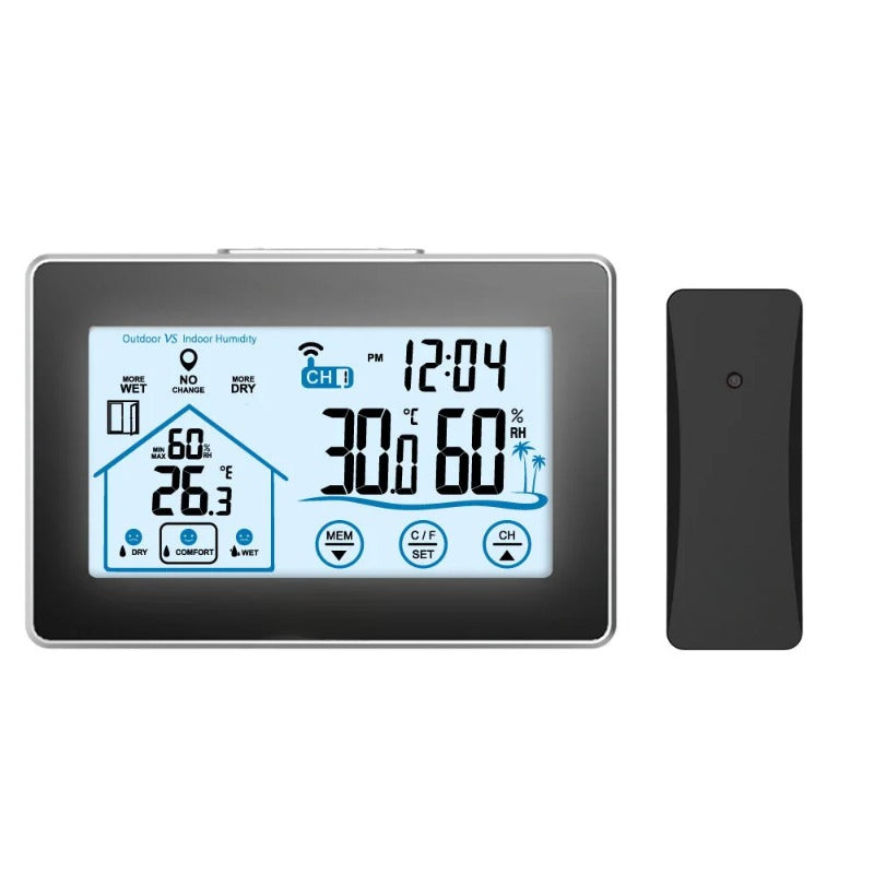 Wireless Weather Station Alarm Clock Touch Screen In/Outdoor Thermometer Hygrometer Forecast Calendar Comfort Indicator Wireless Remote Sensor