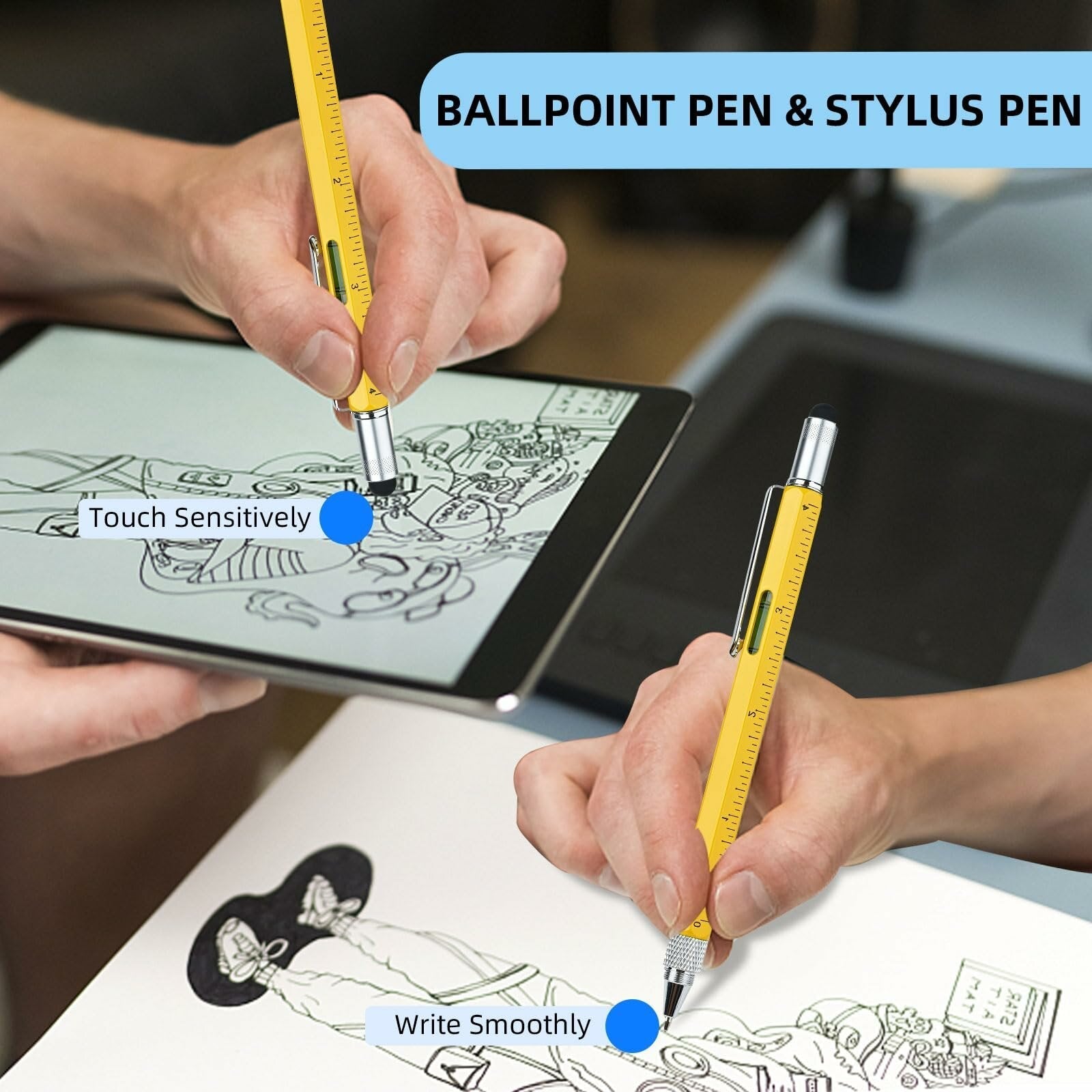 6-in-1 Multitool Pen - Ballpoint, Stylus, Ruler, Screwdrivers, Level - Durable Aluminum, Gift Boxed, Ideal for DIY & Crafts