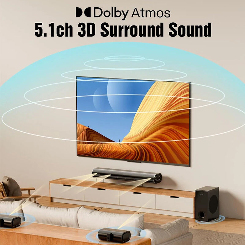 Dolby Atmos Soundbar 380W 5.1CH Soundbar with 5.25'' Subwoofer 2 Rear Speakers Wired Surround Sound System eARC ARC Optical Connection Compact bluetooth Speaker Soundbar