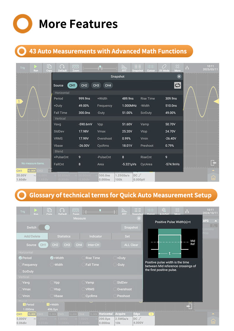 Digital Oscilloscope 2 Channels 1.25GSa/s 12-bit 7-inch Display USB HDM LAN Connectivity