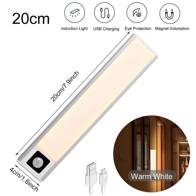 20/40/60CM Body Sensing Small Night Light USB Charging Lamp LED Portable Strip Light for Bedroom Wardrobe Bookcase Stairs