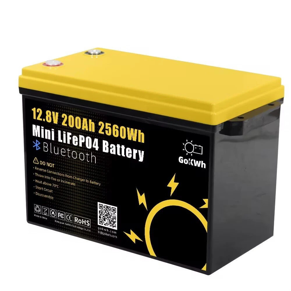 12V 200Ah Mini Bluetooth LiFePO4 Battery Built-in Bluetooth BMS 2560Wh LiFePO4(LFP) IP65 Protection