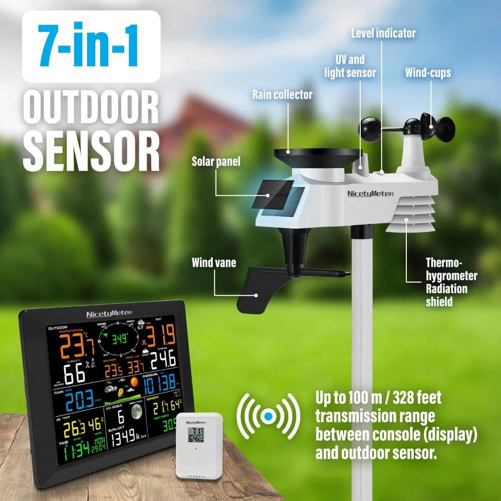 7-in-1 WiFi Weather Station with Outdoor Sensor - Temp/Humidity/Pressure/Wind/Rain/Moon Forecast, Wireless Indoor Clock