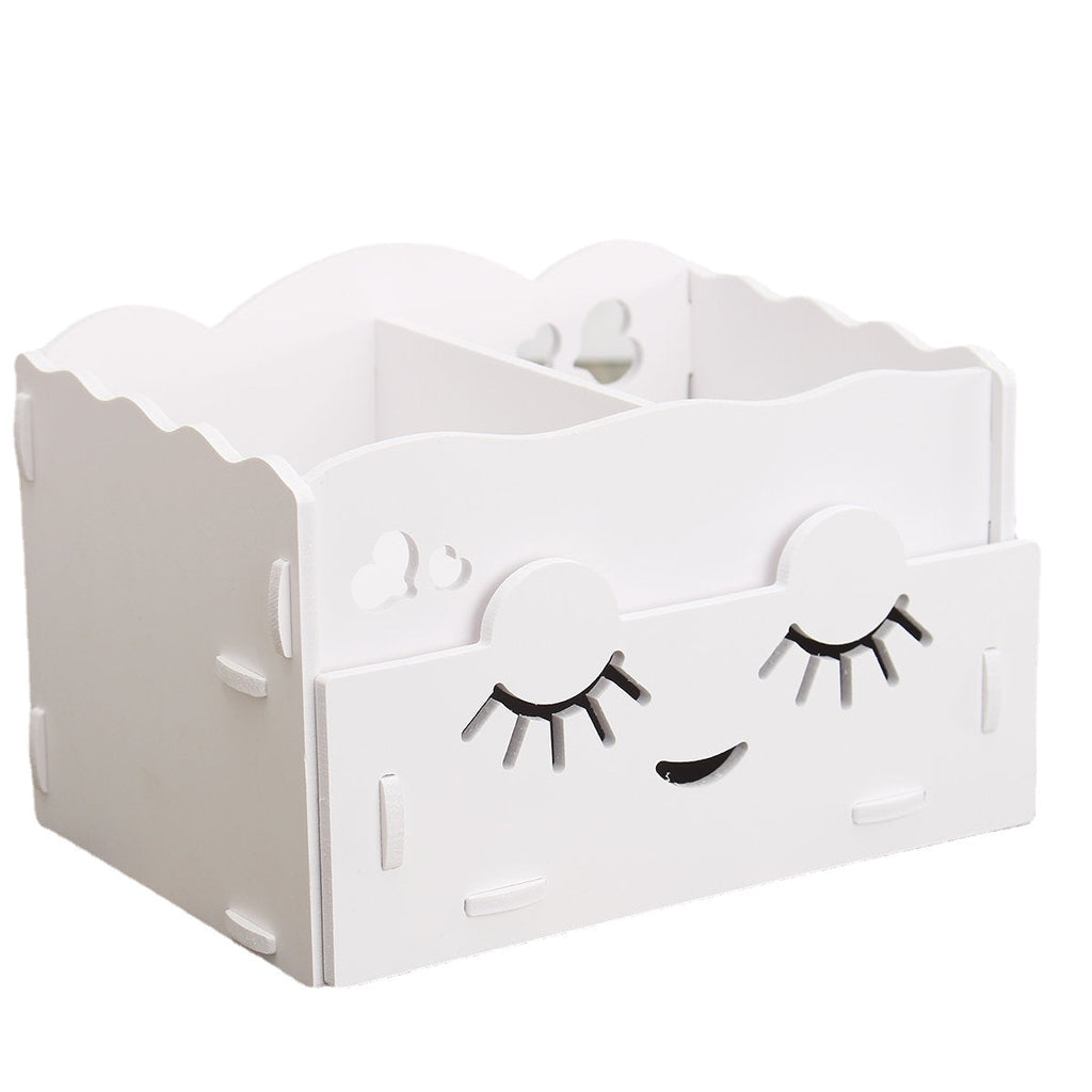 Smiling Face Cute Wooden White Makeup Organizer Neat Table Collecting Case Cosmetics Tools
