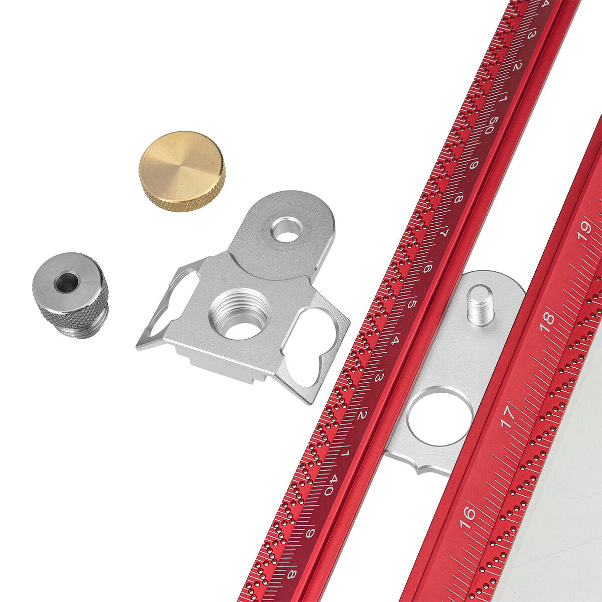 Metric Woodworking Line Scriber T-Square Ruler, Aluminum Alloy, 650mm, Hole Positioning Gauge, Red/Silver