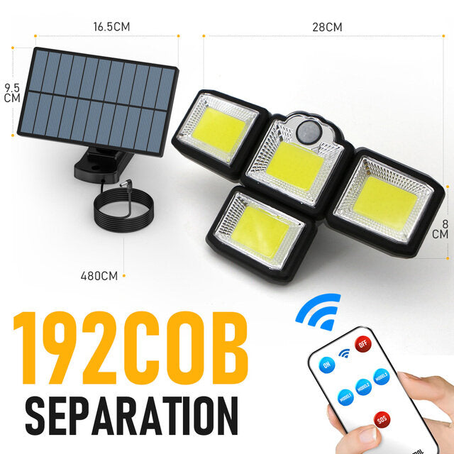 192/198 LED COB Outdoor Solar Lights 4 Head Motion Sensor 270 Wide Angle Lighting Waterproof Remote Control Solar Garden Wall Lamp