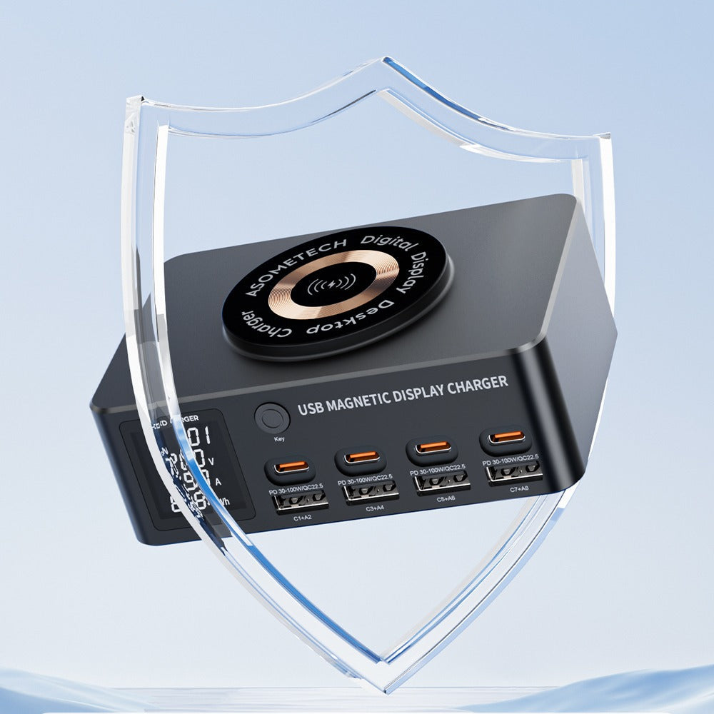 140W 8-Port USB PD Charger, Black, 4 USB-A & 4 USB-C, 15W Wireless Charging, EU/US Plug, Durable ABS+PC