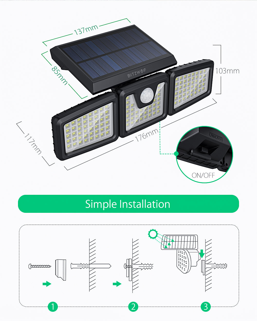 Rotatable 3 Heads Adjustable Waterproof 120PIR Sensor Solar Flood Light 6500K White Light