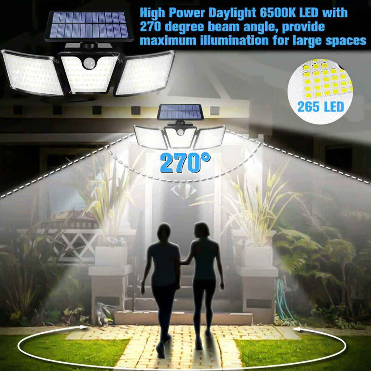 265LEDs 3 Head Solar Motion Sensor Light Outdoor Garden Wall Security Flood Lamp