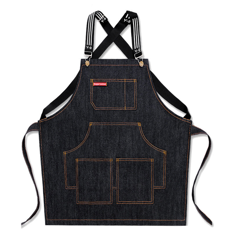 Denim Kitchen Cooking Apron Adjustable Cotton Strap Large Pockets Blue Barista Men and Women Homewear