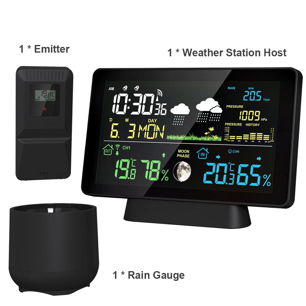 Multi-Function Wireless Weather Station - Indoor/Outdoor Thermometer with Rain Gauge, Humidity, Pressure & Color Screen Alarm Clock