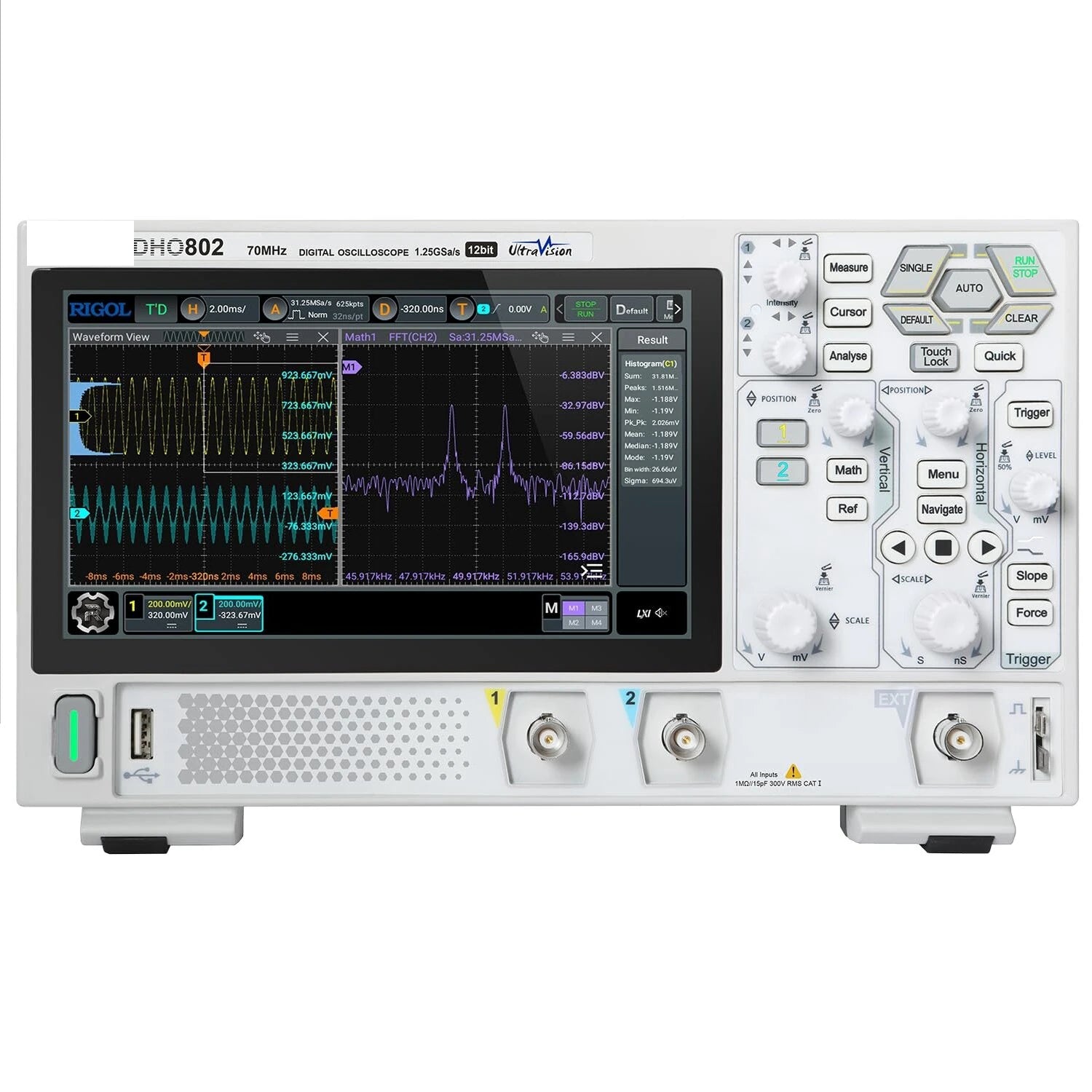 Digital Oscilloscope 70MHz 12-bit Resolution 1.25 GSa/s Sample Rate 1,000,000 wfms/s Capture Rate 7 inch Touch Screen USB LANHDMI