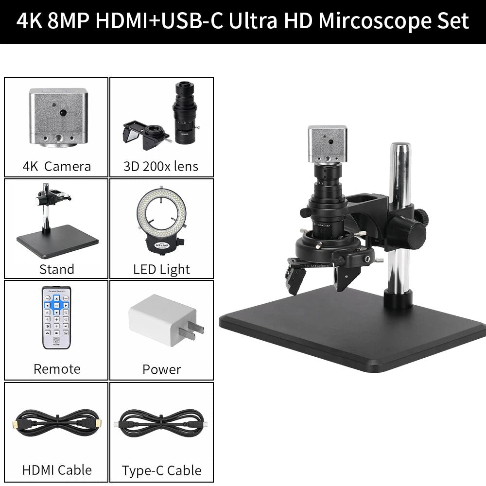 Real 4K UHD 3D Microscope Camera 7- 200X Parfocal Lens Industrial Electronic Digital Microscope for Phone Repair PCB Soldering