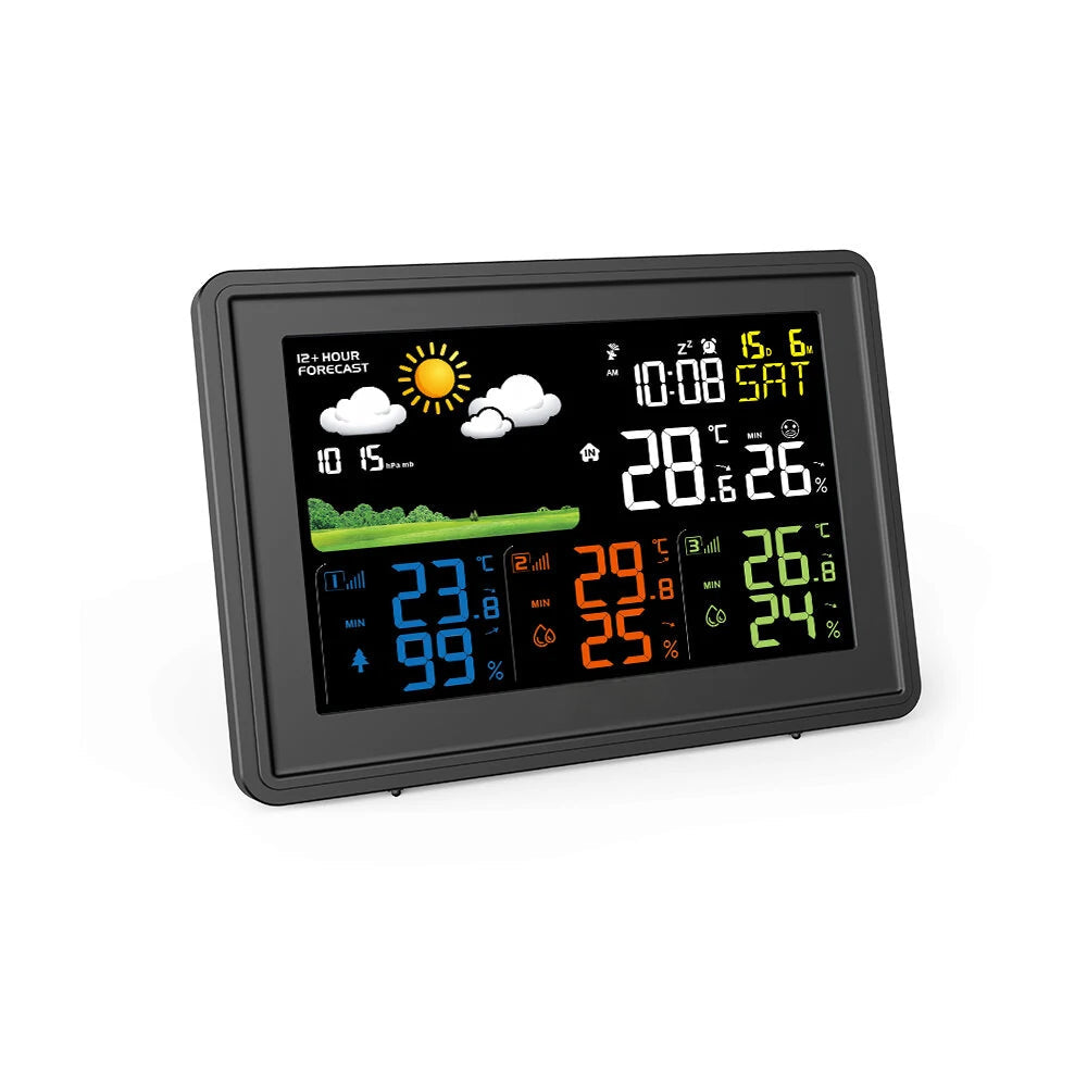 Weather Station Alarm Clock Wireless Indoor Outdoor Thermometer with Atomic Clock Forecast Station 3 Outdoor Sensors