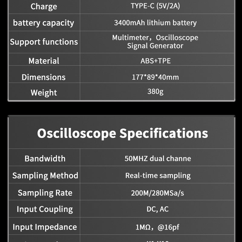 Handheld Oscilloscope Multimeter 3-In-1 Dual Channel 50MHz 280MSa/s 66000 Counts Signal Generator IPS Display