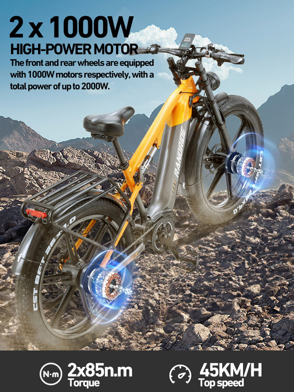 48V 20Ah 2*1000W Recommended Top Speed 25KM/H 26*4.0 Inch Electric Bike 40-90KM Max Range Max Load 200KG