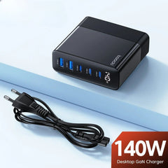 140W 5-Port Desktop Charging Station, Black, Fast Charging, PD3.1 & QC4.0, Compact Size 85x79x60mm