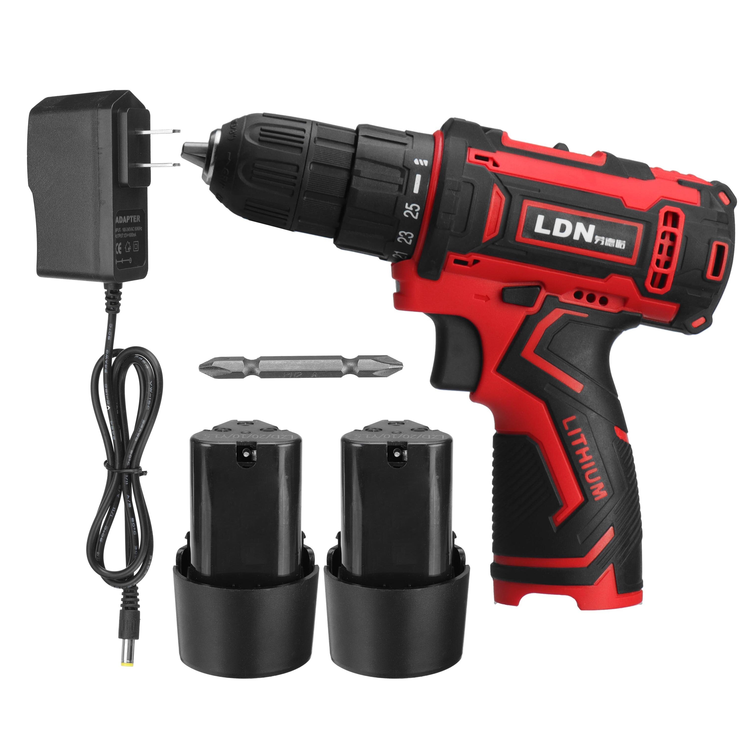 12V Cordless Electric Drill Power Drill Driver 2-Speeds with LED Lighting 1/2Pcs Battery