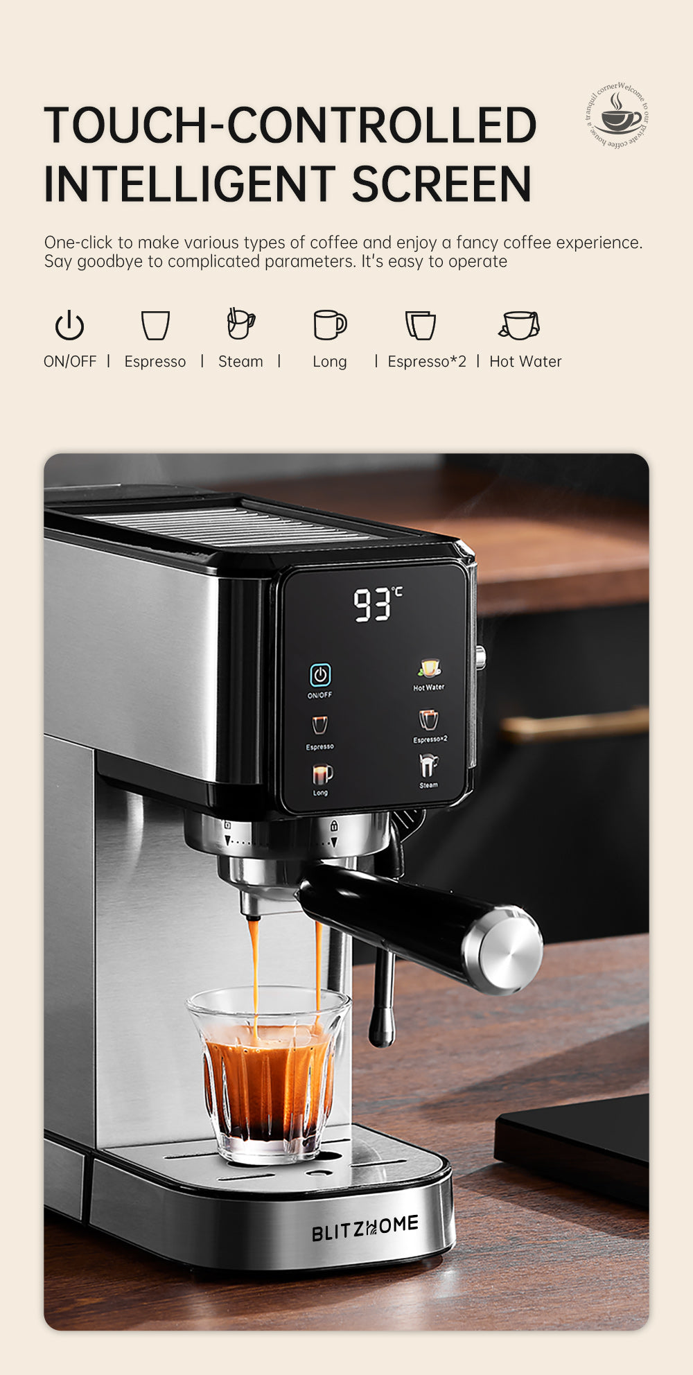 Semi-Automatic Espresso Coffee Machine 20Bar 1350W with Touchscreen Control Cup Warmer 1L Removable Water Tank