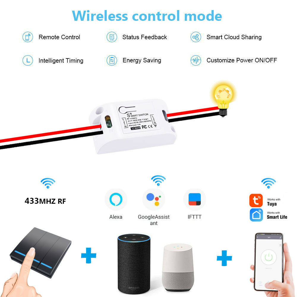 White 433Mhz Smart Push 1Gang Wireless Switch Light + 1 RF Remote Control