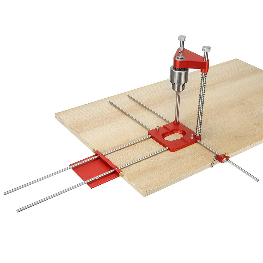 Adjustable Aluminum Alloy Woodworking Drill Locator with Extension Rods, Flip Stops & Wrench for Precision Drilling
