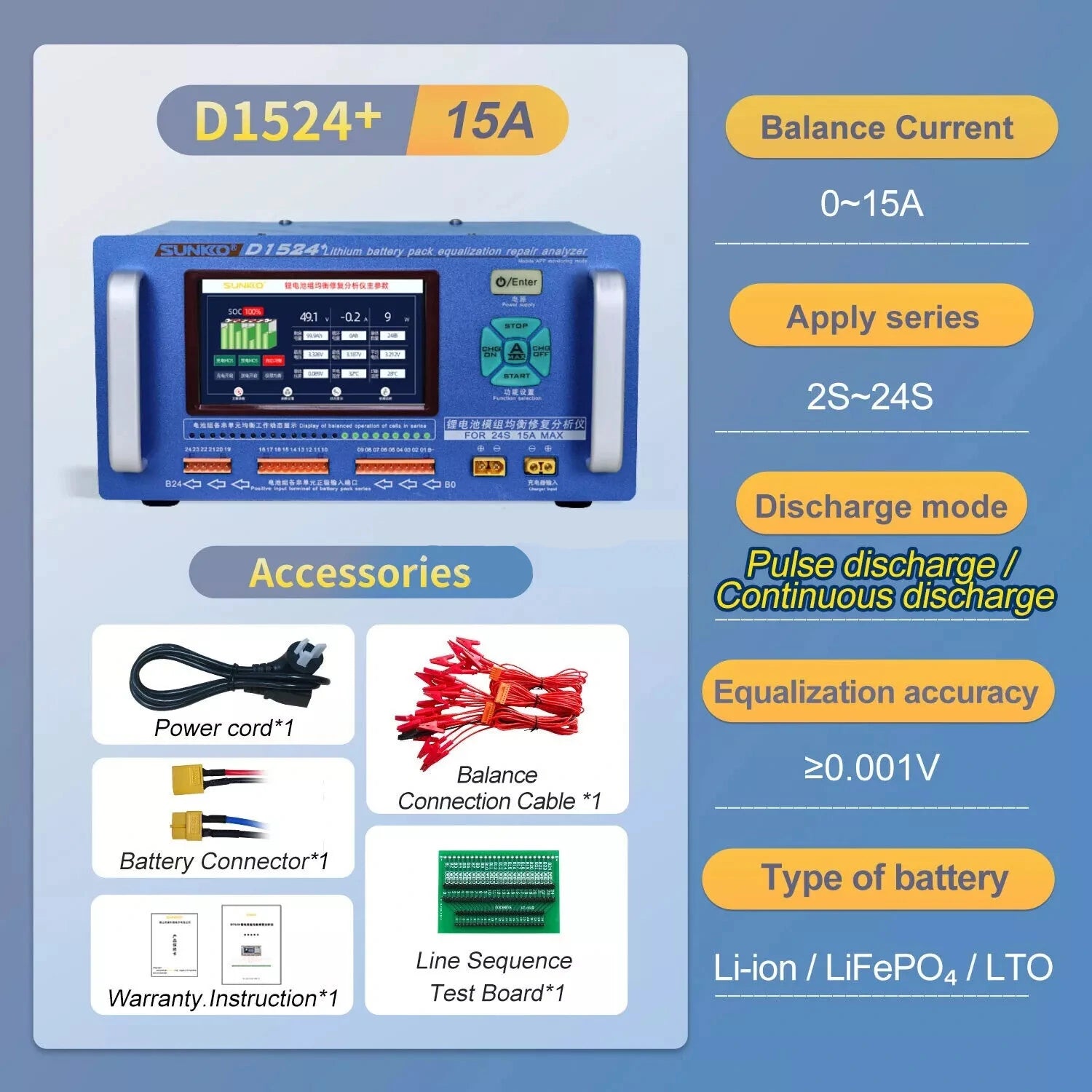 15A High Current Lithium Battery Pack Equalizer and Analyzer Versatile for Ternary LiFePO4 LTO Batteries Touch Screen and Bluetooth Control with Dual Fan Cooling Efficiency