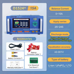 15A High Current Lithium Battery Pack Equalizer and Analyzer Versatile for Ternary LiFePO4 LTO Batteries Touch Screen and Bluetooth Control with Dual Fan Cooling Efficiency