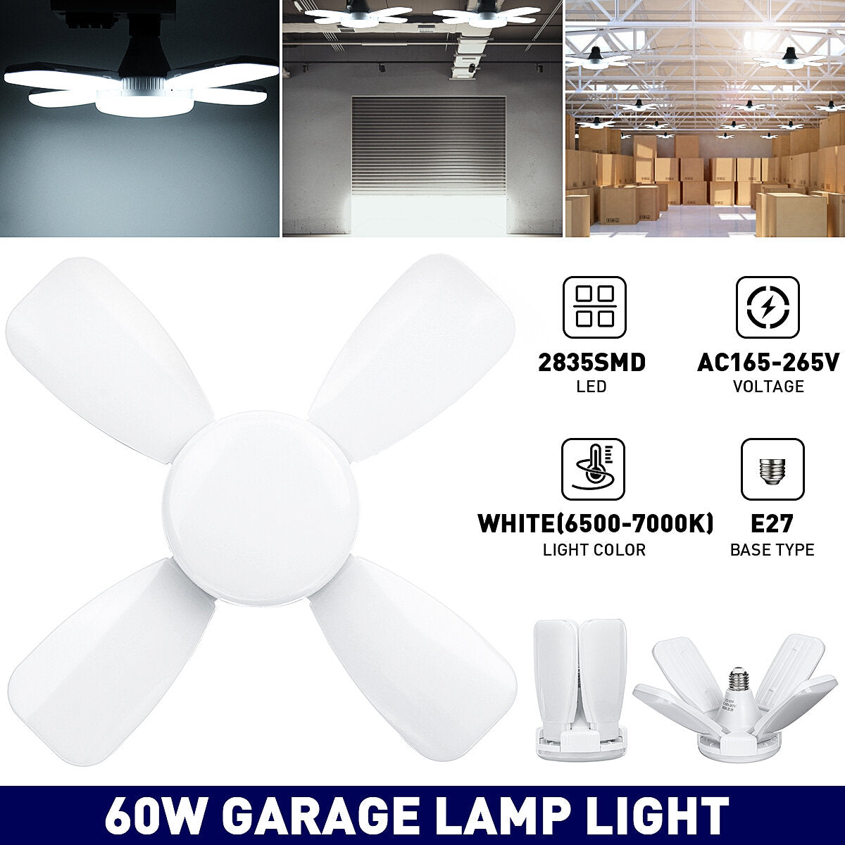 E27 60W LED Garage Light Bulb2835SMD Four-Leaves Deformable Ceiling Workshop Lamp AC165-265V