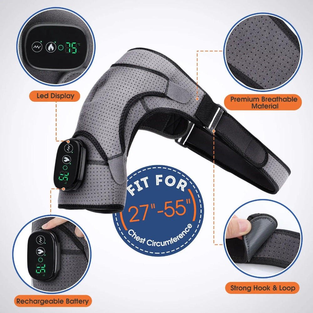 Heated Shoulder Steamer Brace - 3-in-1 Massage & Heat Therapy, Adjustable Straps, 5000mAh Battery, Grey/Black